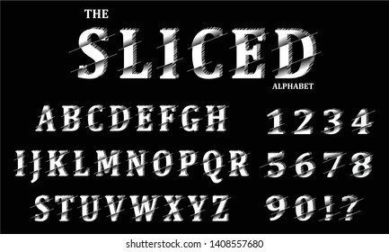 Damaged font design, alphabet letters and numbers vector illustration