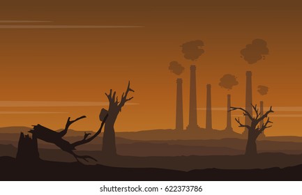 damaged forest with many industry construction