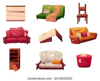 Damaged furniture. Old broken chair, wooden wardrobe and table, soft sofa and couch. Messy damage room interior elements, cartoon nowaday vector set