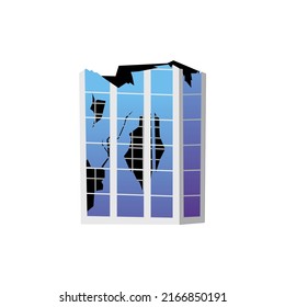 Edificio de vidrio dañado, concepto de ciudad posguerra o apocalíptica, ilustración vectorial plana aislada en fondo blanco. Casa destruida por terremoto o desastre natural.