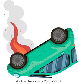 Damaged green car lying upside down and engulfed in flames, releasing thick smoke, illustrating the devastating aftermath of a serious road accident