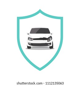 Damaged green car and shield. Car insurance concept. Vector illustration