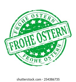 Damaged green round stamp with the words - Happy Easter in German - vector