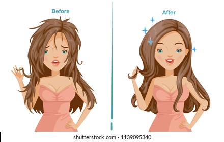 damaged hair of woman. before and after hair care. difference is obvious. comparative, positive and negative emotions. hair is pointed and beautiful long hair. Illustrations for styling and product.