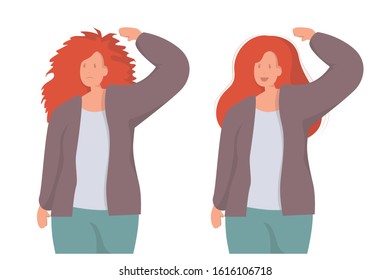 damaged hair of woman. before and after hair care. difference is obvious. comparative, positive and negative emotions. hair is pointed and beautiful long hair.