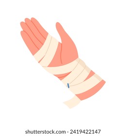 Damaged hand with medical bandage. First aid measure for injured hand cartoon vector illustration