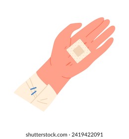 Damaged hand with medical plaster. First aid for injured hand, emergency help cartoon vector illustration