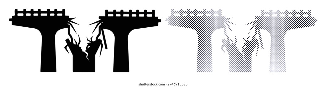 Damaged highway construction, ruins of architectural bridge, destruction disaster scene