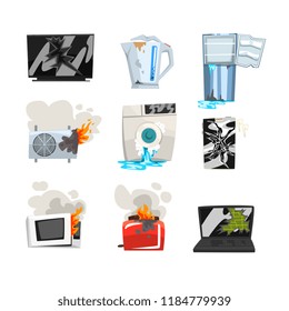 Damaged home appliance set, broken TV, kettle, refrigerator, air conditioner, washing machine, microwave oven, toaster, laptop, smartphone cartoon vector Illustrations on a white background