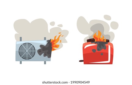 Damaged Home Appliances Set, Broken Burning Air Conditioner and Toaster Cartoon Vector Illustration