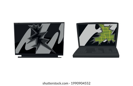 Damaged Home Appliances Set, Broken TV And Laptop Computer Cartoon Vector Illustration