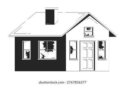 Damaged house broken windows doodle lineart illustration. Disaster aftermath. Shattered glass building. Property vandalism 2D line ink object isolated on white. Monochrome vector outline hand-drawn