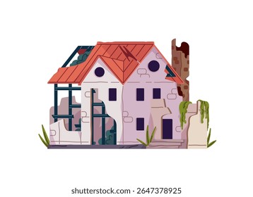 Damaged house with collapsed roof. Abandoned broken building. Destroyed old ruins of construction. City after war, natural disaster, apocalypse. Flat isolated vector illustration on white background
