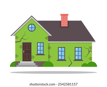 Damaged House with cracks house insurance concept. Real estate protection, flat cartoon house protected , home safety, security. Vector illustration