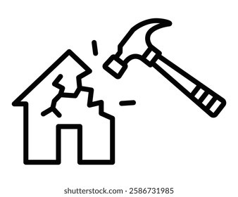 Damaged house vector icon with cracks and a repair hammer. Editable stroke.