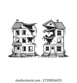 Damaged houses with broken windows and roofs on white background