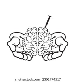 Damaged human brain with a screw screwed into it. Allegory of the problem