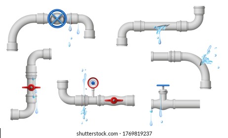 Damaged leaky pipes. Water pipe leaks, broken metal plumbing and leak from pipes and joints vector illustration. Leaking pipe crack, piping problem supply damage tube