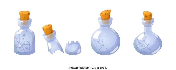 Matraz mágico vacío de poción dañado con grietas conjunto vectorial. Frasco de vidrio transparente con un tapón de corcho dividido en dos partes. Viales de equipo de laboratorio. Elementos para juego, interfaz de menú de usuario gui.