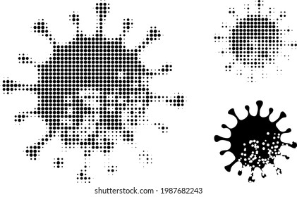 Geflecktes Symbol für Mikrobenhalftone. Halftone Muster enthält runde Punkte. Vektorgrafik eines beschädigten Mikrobensymbol auf weißem Hintergrund.