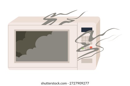 Damaged microwave emitting smoke and malfunctioning, isolated on white background, broken electronic equipment vector illustration