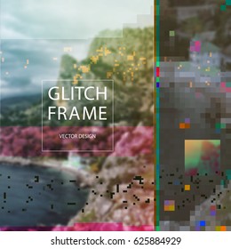 Damaged photo design template in front of blurry nature landscape. Random colorful digital signal errors on photo of mountain. Trendy glitch multipurpose computer graphic.
