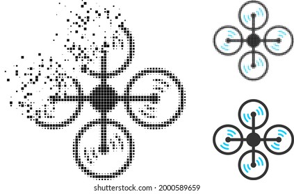Damaged pixelated air copter pictogram with halftone version. Vector wind effect for air copter pictogram. Pixelated fragmentation process for air copter shows movement of virtual world.