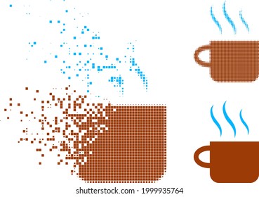 Beschädigte Glyph aus verpixeltem heißem Teebecher mit Halbtonversion. Vektorzerstörungseffekt für das Symbol für die heißen Teebecher. Der pixelförmige Zerstörungsprozess für den heißen Teebecher zeigt die Geschwindigkeit der virtuellen Materie.