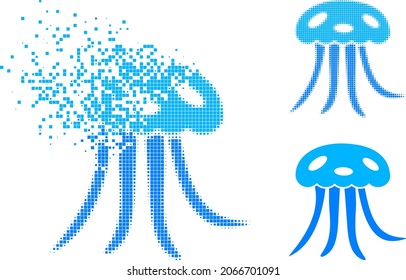 Damaged pixelated jellyfish pictogram with halftone version. Vector wind effect for jellyfish pictogram. Pixelated dissolution effect for jellyfish demonstrates movement of cyberspace things.