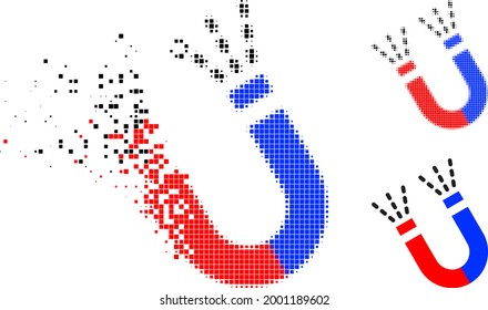 Damaged pixelated magnet force icon with halftone version. Vector wind effect for magnet force icon. Pixelated burst effect for magnet force shows speed of cyberspace matter.