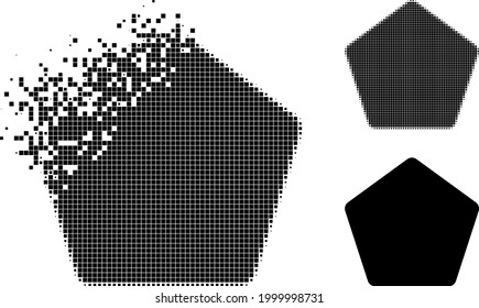 Damaged pixelated rounded pentagon pictogram with halftone version. Vector destruction effect for rounded pentagon pictogram.