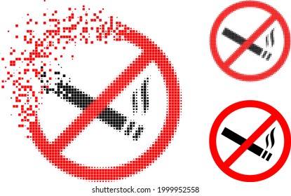 Damaged pixelated smoking forbidden pictogram with halftone version. Vector wind effect for smoking forbidden icon.
