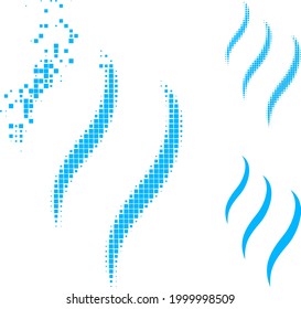 Damaged pixelated vapour smell glyph with halftone version. Vector wind effect for vapour smell pictogram. Pixelated dissipating effect for vapour smell gives speed of virtual objects.