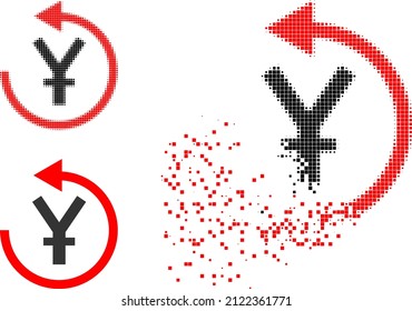 Damaged pixelated yen chargeback icon with halftone version. Vector destruction effect for yen chargeback icon.