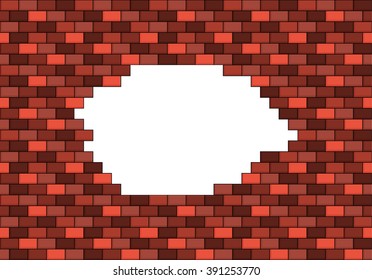 Damaged red brick wall with big white hole inside with place for your text