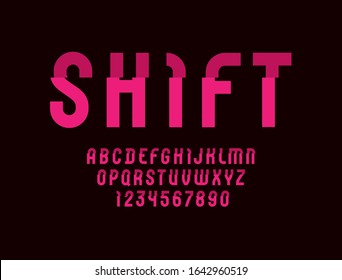 Damaged red font, trendy distorted alphabet, modern letters and numbers, for your designs: logo, t-shirt, card, poster, letterpress, vector illustration