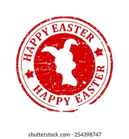 Damaged round red stamp with the hare and the words - happy easter - vector