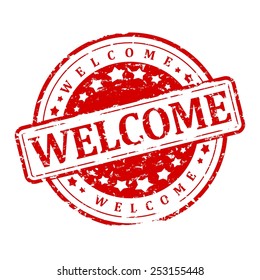 Damaged Round red stamp with the words - welcome - illustration
