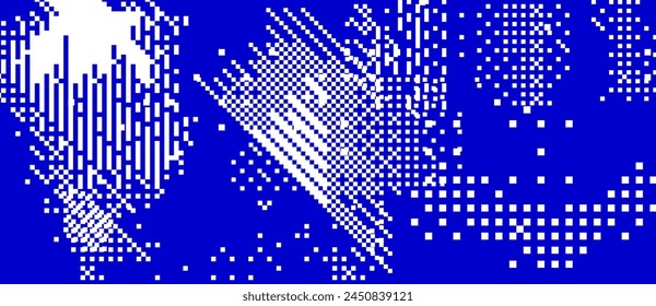 Pantalla dañada con ruido de fallo técnico en fondo rayado azul. Grunge Ilustración vectorial abstracta.