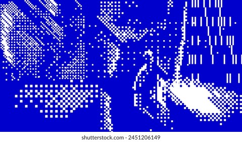 Damaged screen with glitch noise on blue scratched background. Grunge abstract vector illustration.