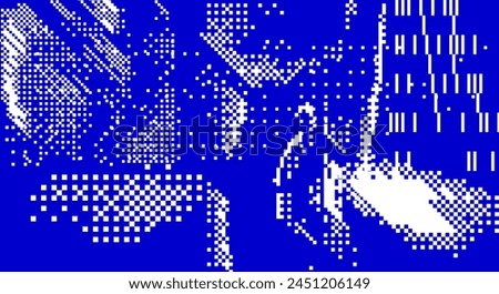 Damaged screen with glitch noise on blue scratched background. Grunge abstract vector illustration.