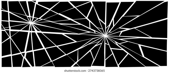 Damaged shattered glass effect background. Black grunge broken texture. Radial cracked lines explosion pattern. Fractured triangle fragments, pieces, shatters concept. Vector debris illustration