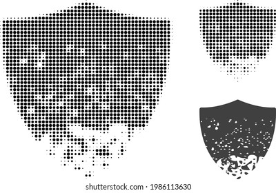 Damaged shield halftone dotted icon. Halftone pattern contains circle pixels. Vector illustration of damaged shield icon on a white background.