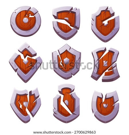 Damaged shields. Broken armor for knights exact vector cartoon shield collection