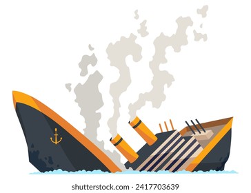 Damaged ship. Crash or accident in sea. Marine catastrophe. Cargo ship sinking in flat design. Vessel failure, rescue problem nautical transportation