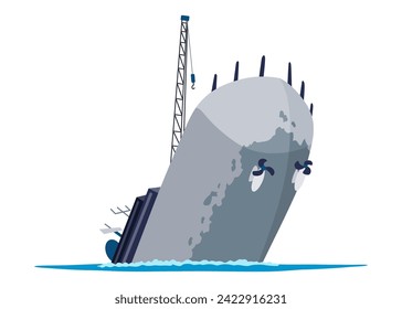 Damaged ship. Crash or accident in sea. Marine catastrophe. Cargo ship sinking in flat design. Vessel failure, rescue problem nautical transportation