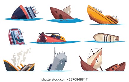 Damaged ships set. Crash or accident in sea. Marine catastrophe. Cargo ship sinking in flat design. Vessel failure, rescue problem nautical transportation