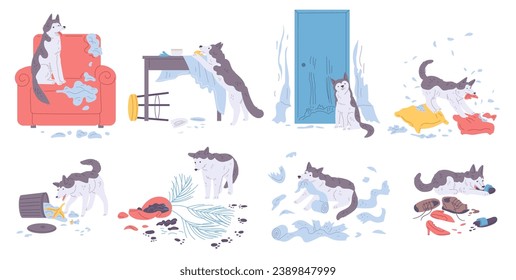 Damaged shoes and scratched armchair, door, wallpaper. Pillows and toilet paper shreds scattered. Clutter, disorder and destruction from play naughty dog. Cartoon vector pet mess illustrations set