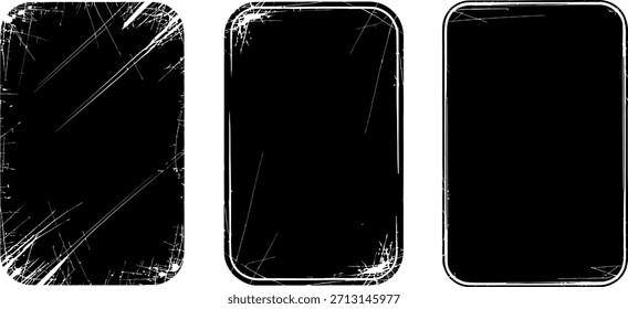 Damaged smartphone screens with scratch marks and cracks