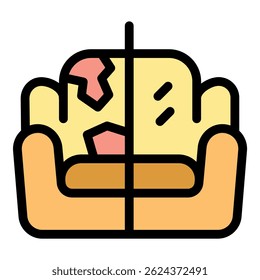 Damaged sofa being divided for recycling and garbage collection, promoting responsible waste management